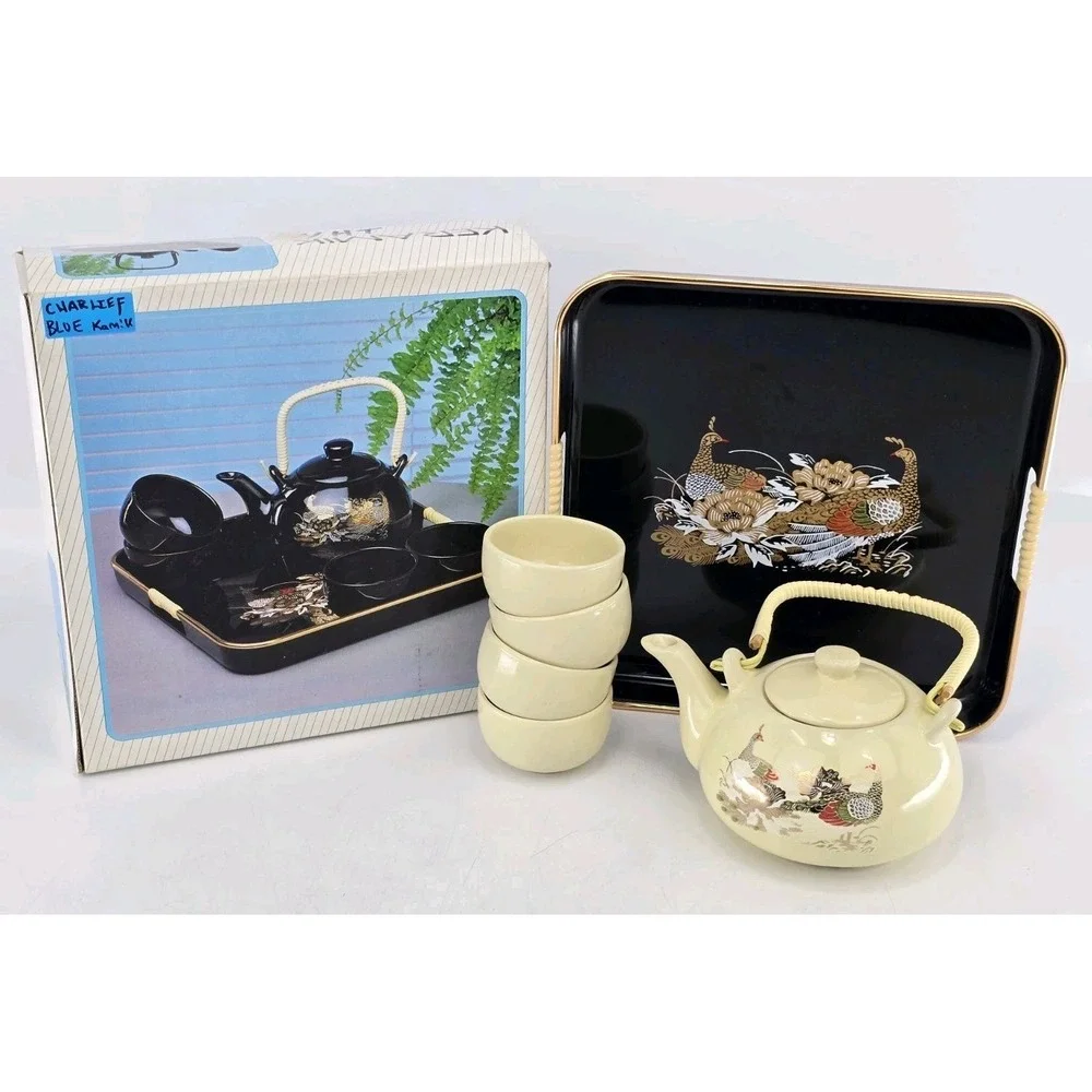 Vintage Keramik Tea Set Teapot + 4 handleless Cups Teaset/Saki, New In Box White